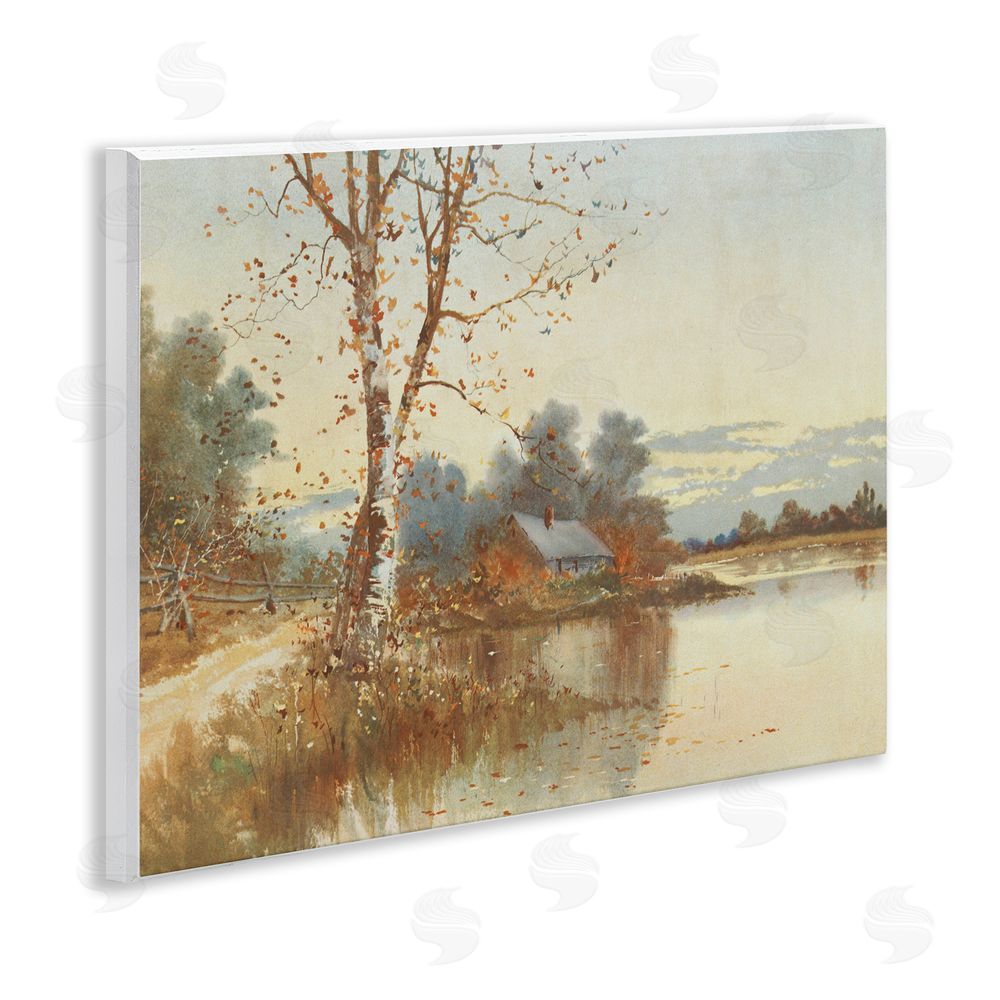 Lettered and Lined Autumn Cabin Along River Wall Plaque Art Print