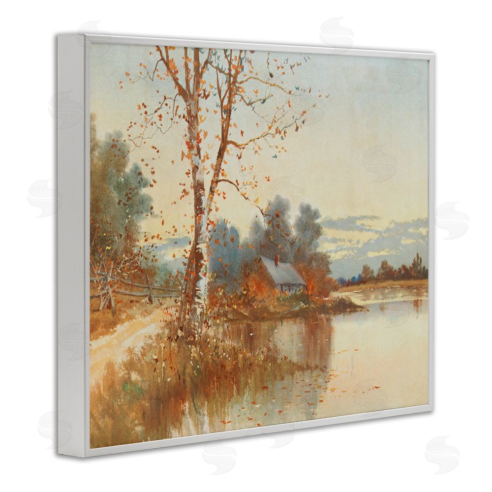 Lettered and Lined Autumn Cabin Along River White Framed Giclee Wall Art Print