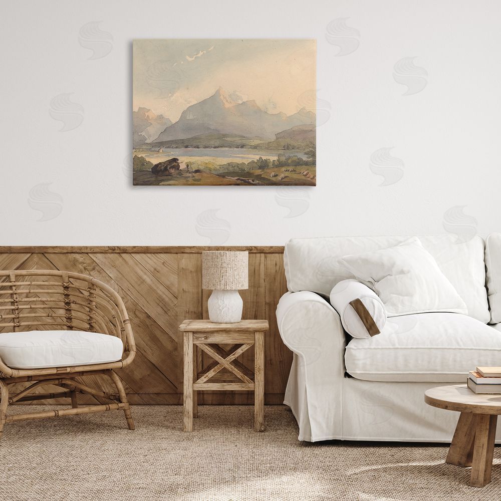 Lettered and Lined Peaceful Hazy Mountains Stretched Canvas Wall Art Print in Room