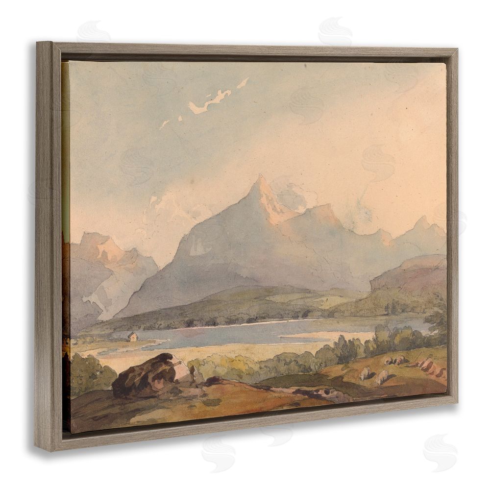 Lettered and Lined Peaceful Hazy Mountains Brown Floating Frame Canvas Wall Art Print
