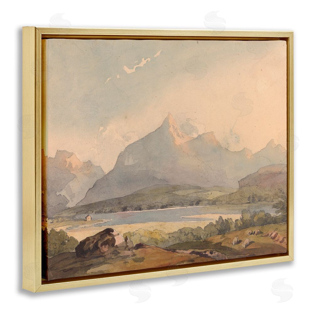 Lettered and Lined Peaceful Hazy Mountains Gold Floating Frame Canvas Wall Art Print