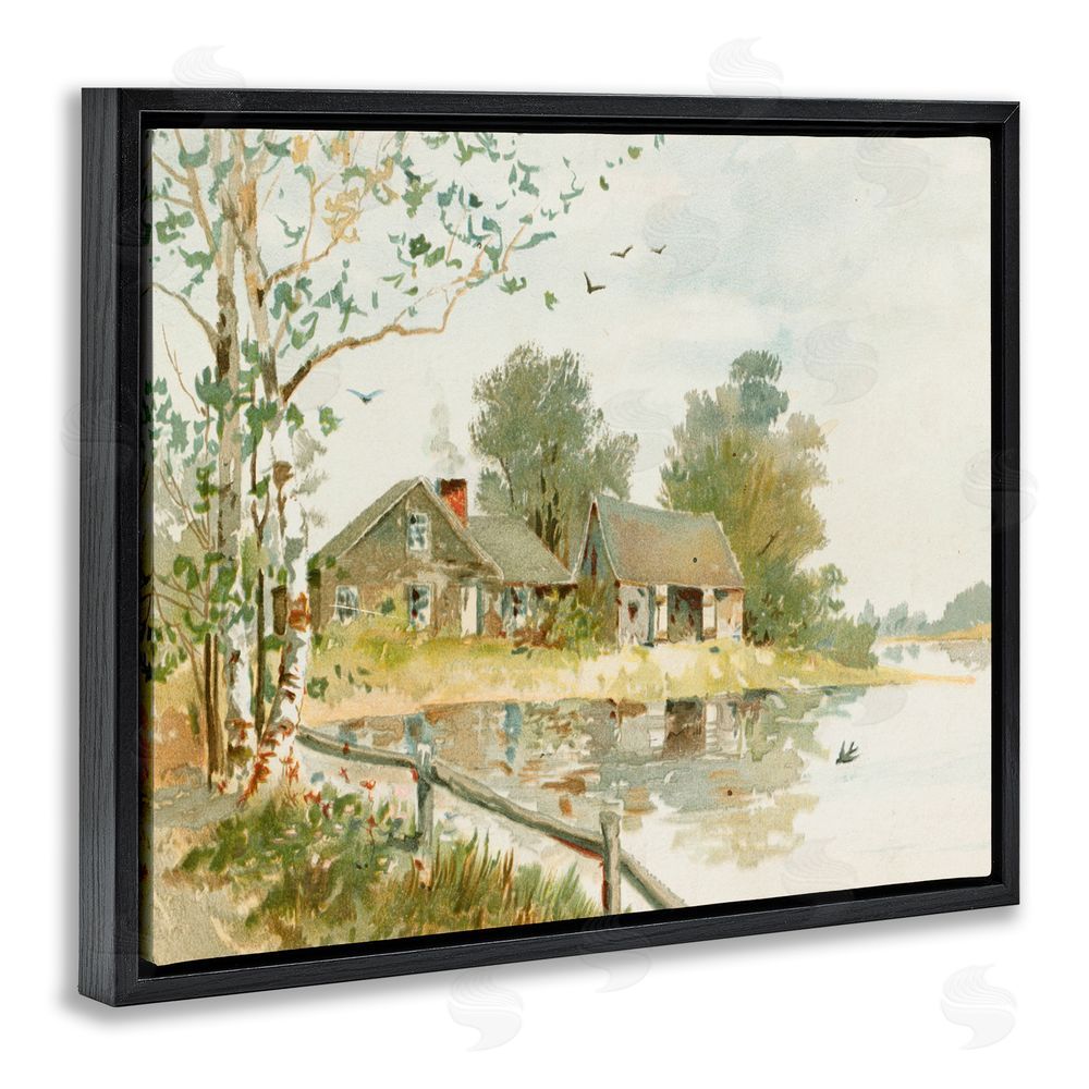 Lettered and Lined Cabin Along River's Edge Black Floating Frame Canvas Wall Art Print
