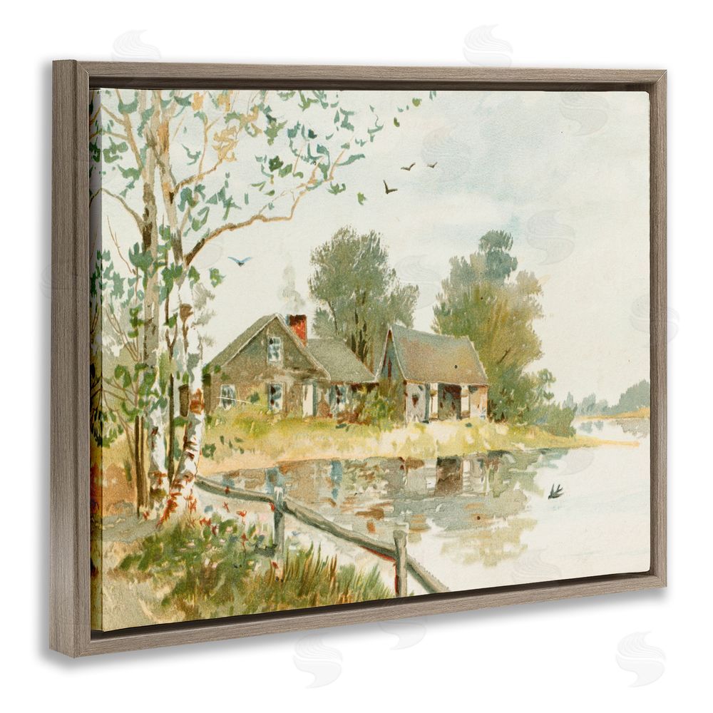Lettered and Lined Cabin Along River's Edge Brown Floating Frame Canvas Wall Art Print