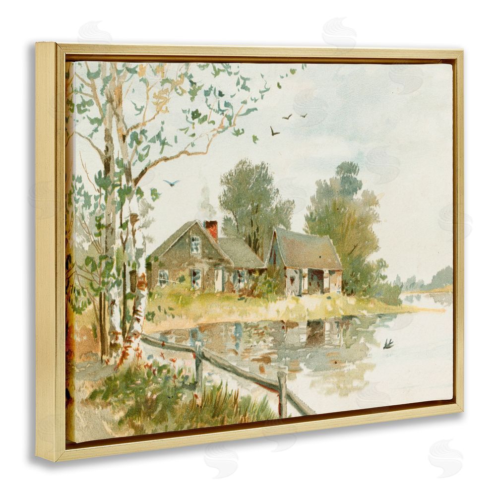 Lettered and Lined Cabin Along River's Edge Gold Floating Frame Canvas Wall Art Print