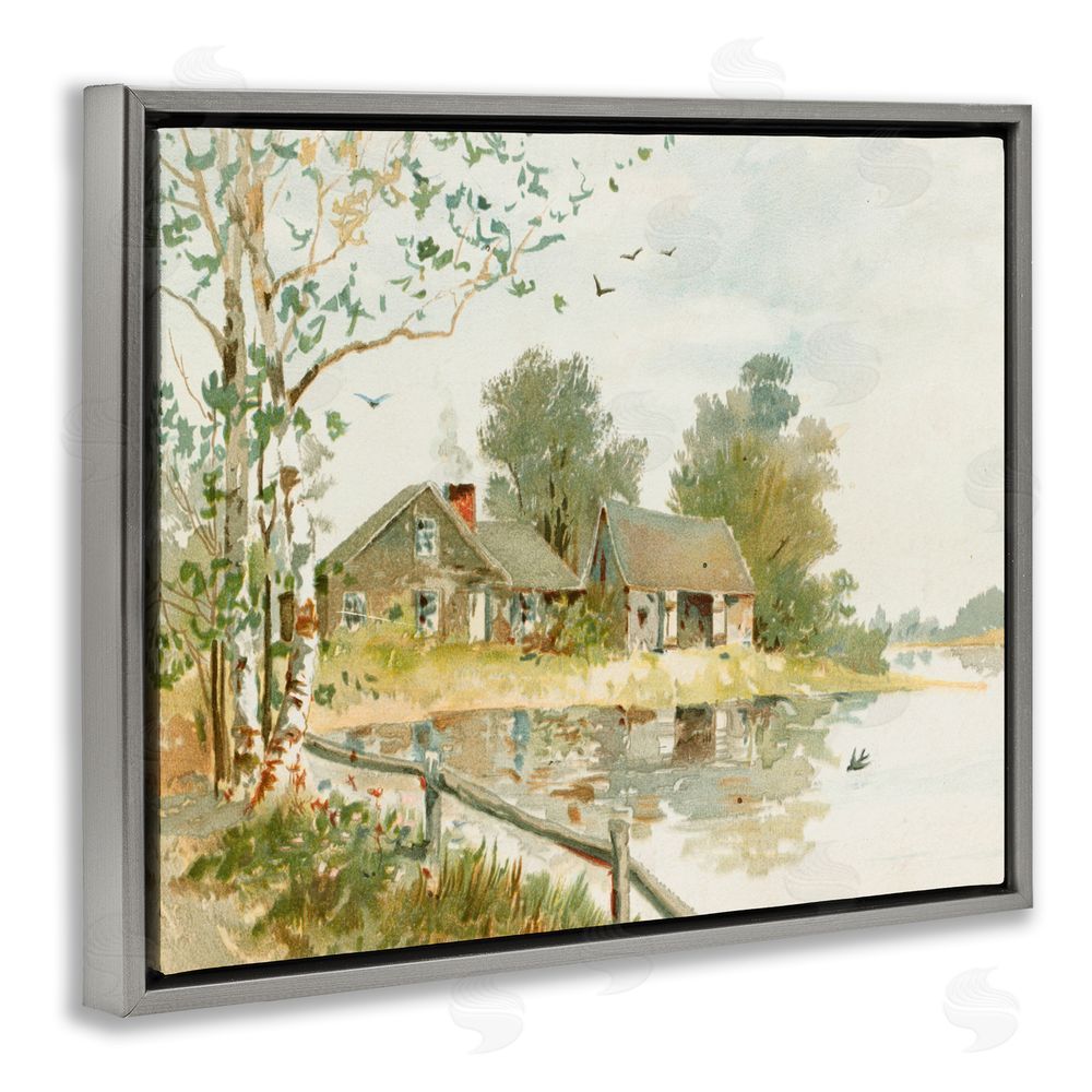 Lettered and Lined Cabin Along River's Edge Gray Floating Frame Canvas Wall Art Print