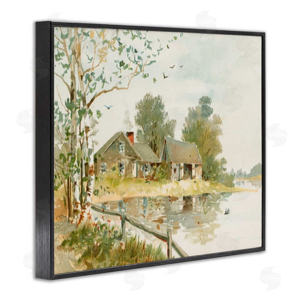 Lettered and Lined Cabin Along River's Edge Black Framed Giclee Print Wall Art
