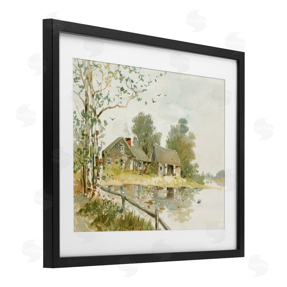 Lettered and Lined Cabin Along River's Edge Black Framed Print Under Glass Wall Art