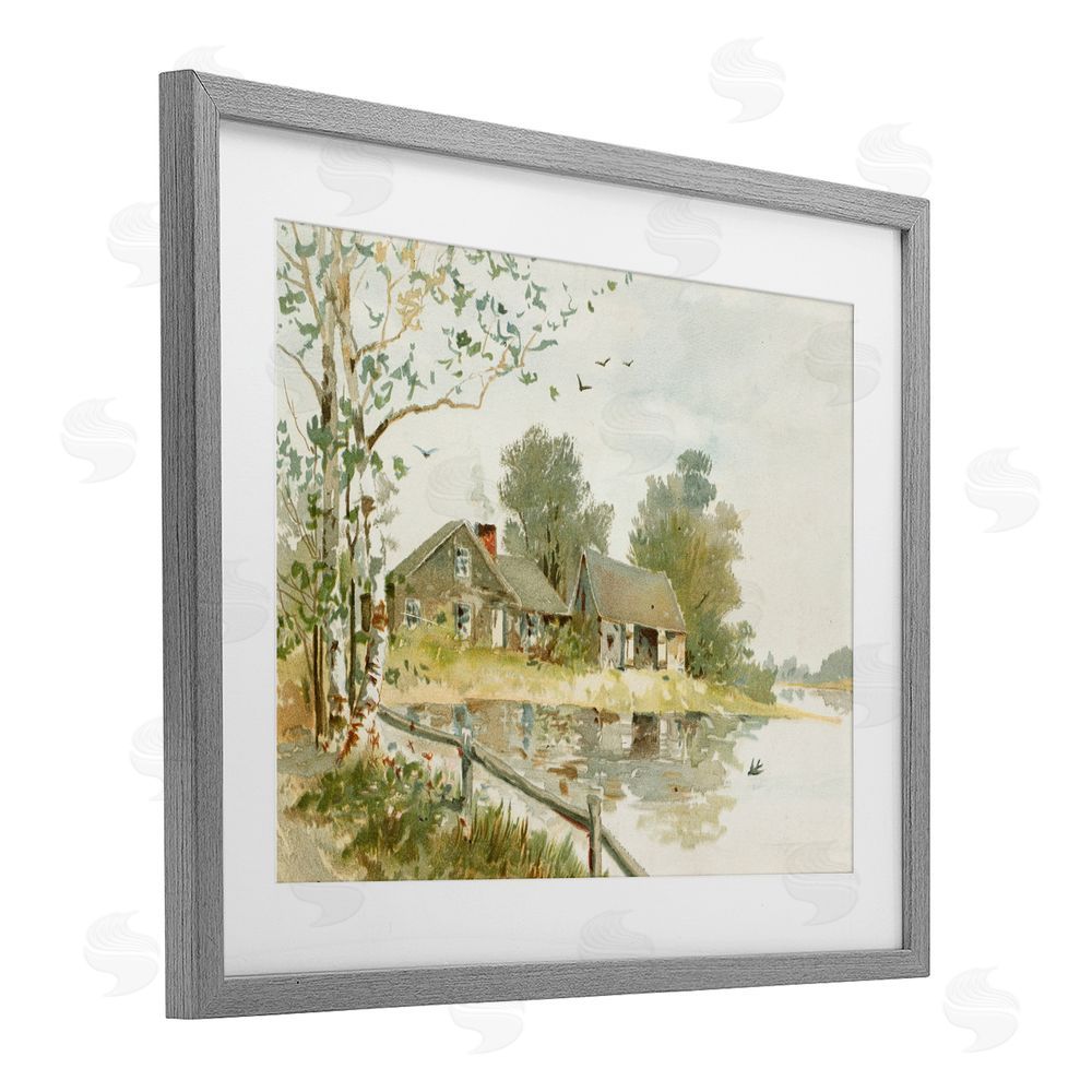 Lettered and Lined Cabin Along River's Edge Gray Framed Print Under Glass Wall Art