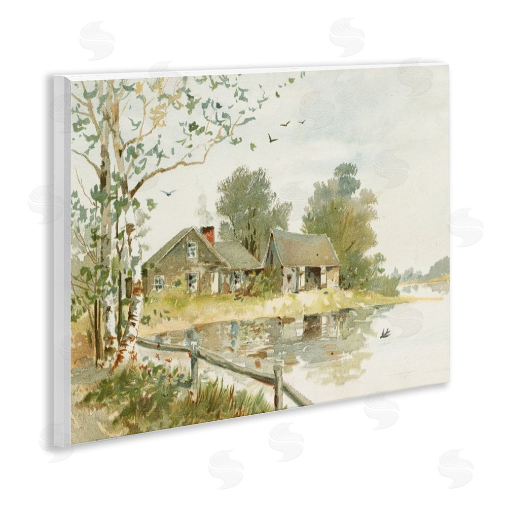 Lettered and Lined Cabin Along River's Edge Wooden Wall Plaque Art Print