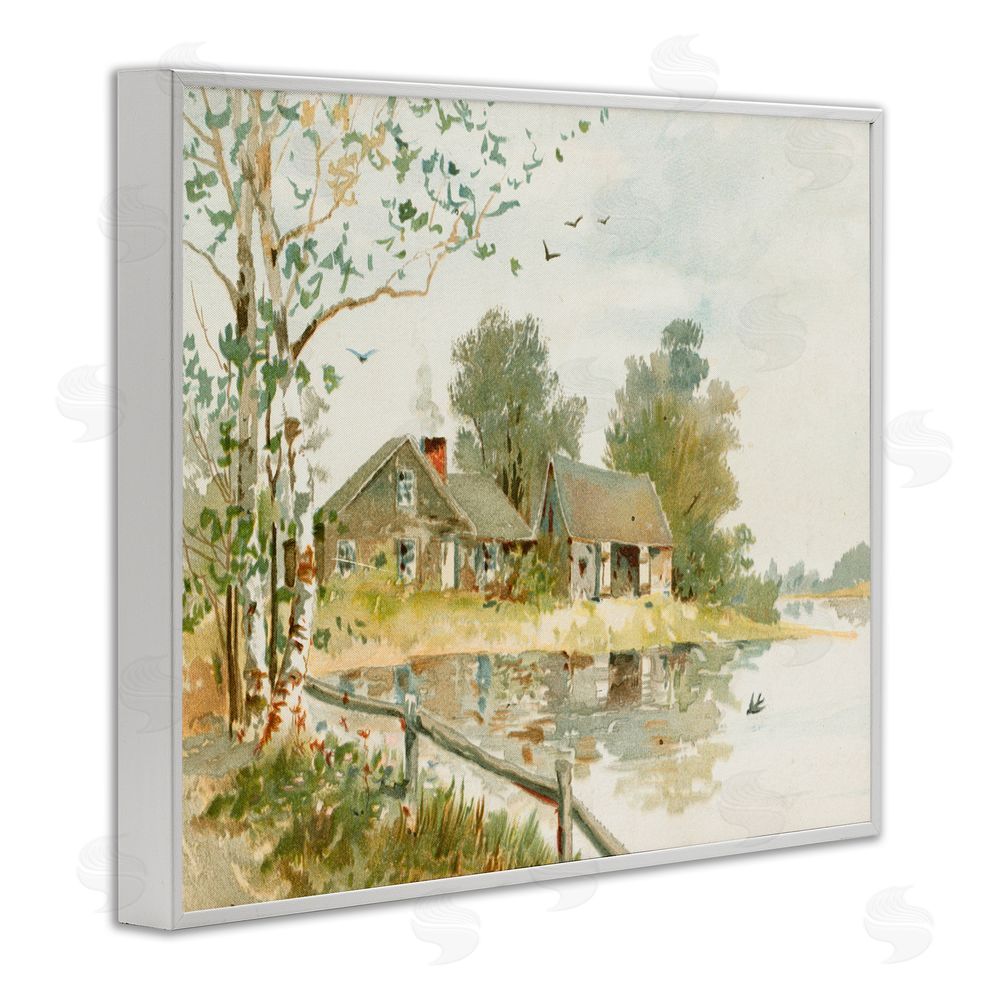 Lettered and Lined Cabin Along River's Edge White Framed Giclee Print Wall Art