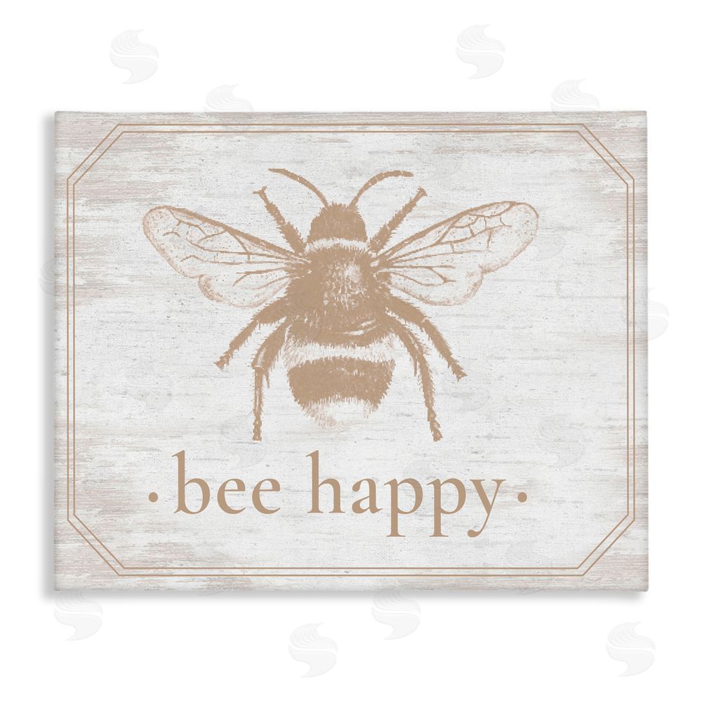Lettered and Lined Bee Happy with Rustic Border Stretched Canvas Wall Art Print