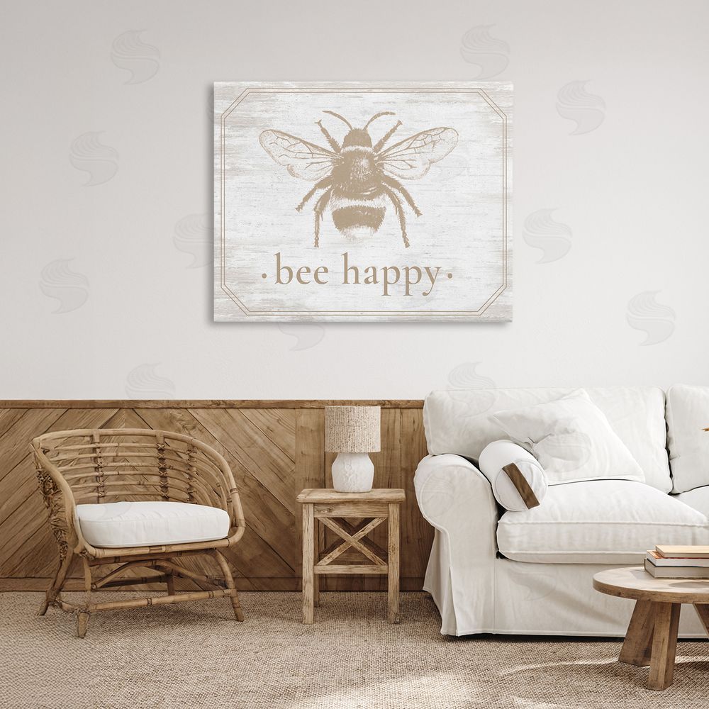 Lettered and Lined Bee Happy with Rustic Border Stretched Canvas Wall Art Print in Room