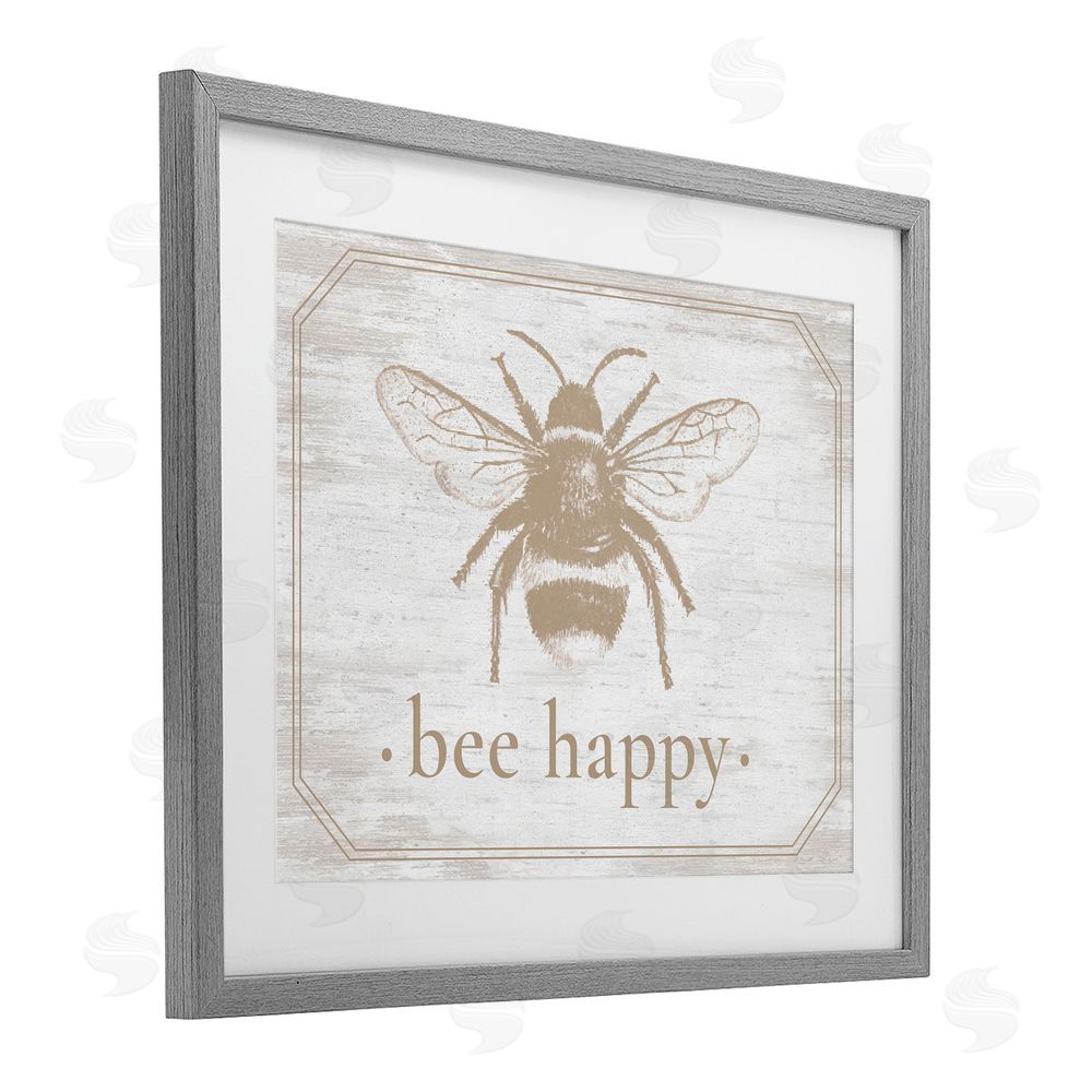 Lettered and Lined Bee Happy with Rustic Border Gray Framed Print Under Glass Wall Art