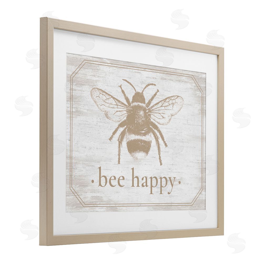 Lettered and Lined Bee Happy with Rustic Border Brown Framed Print Under Glass Wall Art