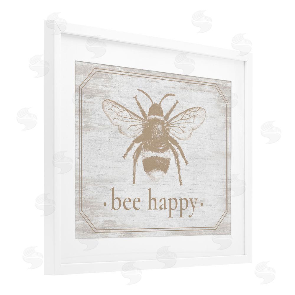Lettered and Lined Bee Happy with Rustic Border White Framed Print Under Glass Wall Art