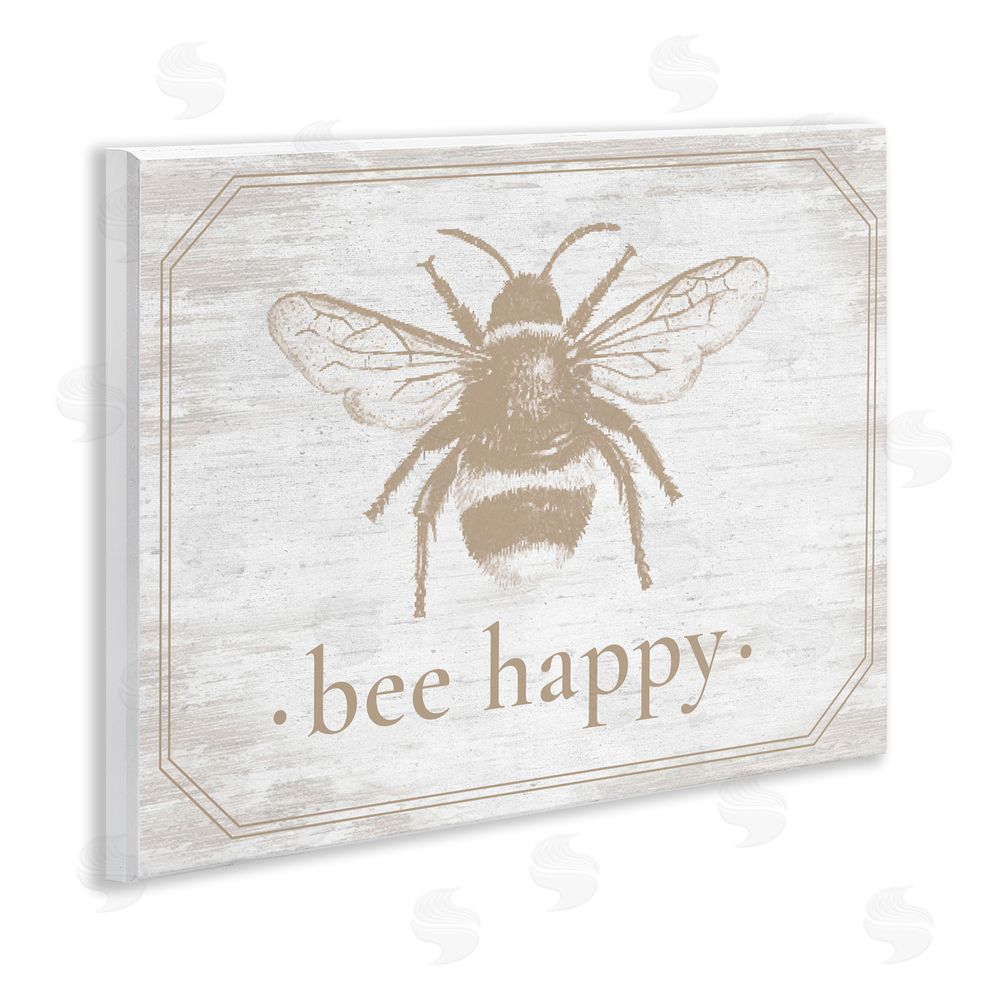 Lettered and Lined Bee Happy with Rustic Border Wooden Wall Plaque Art Print