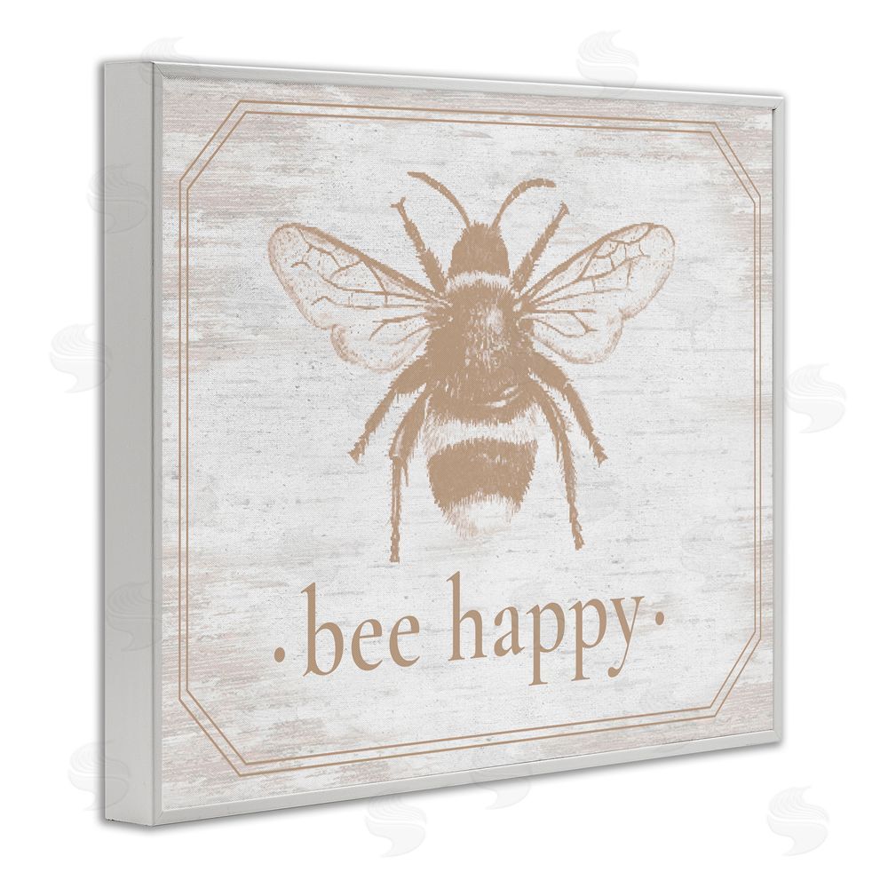 Lettered and Lined Bee Happy with Rustic Border White Framed Giclee Print Wall Art
