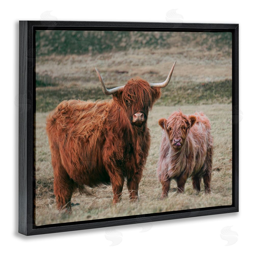 Lettered and Lined Mom & Baby Cow Black Floating Frame Canvas Wall Art Print