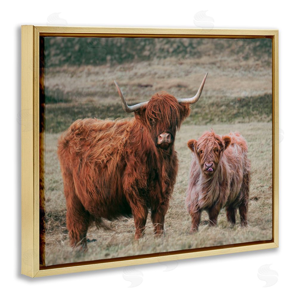 Lettered and Lined Mom & Baby Cow Gold Floating Frame Canvas Wall Art Print