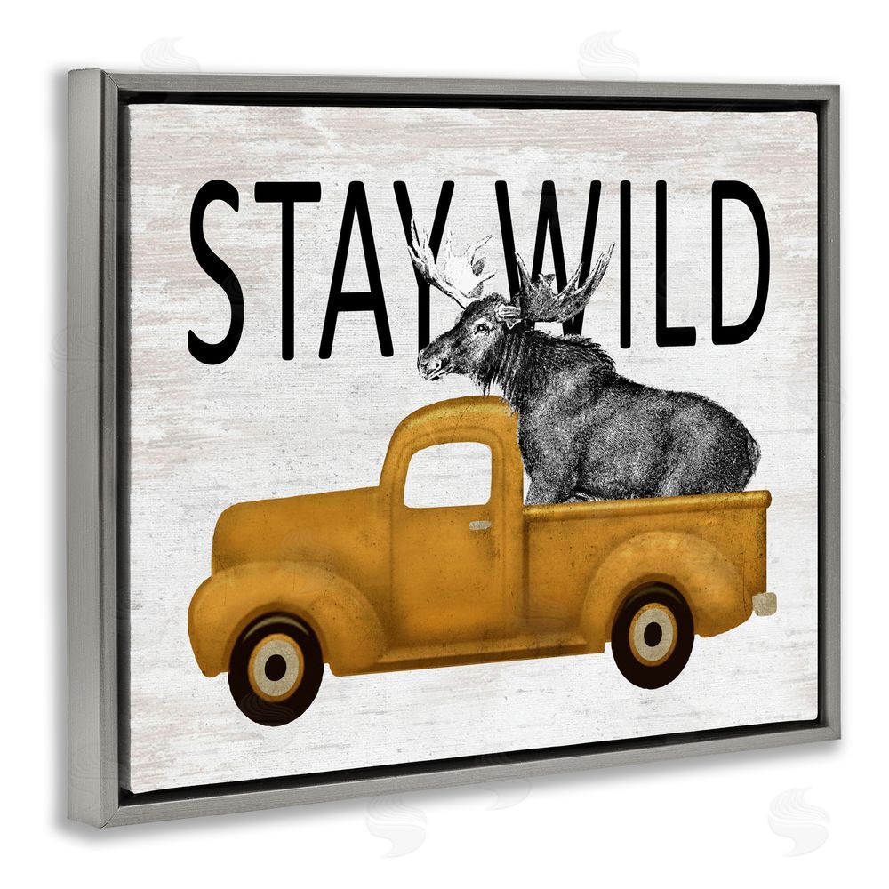 Lettered and Lined Stay Wild Moose Truck Gray Floating Frame Canvas Wall Art Print