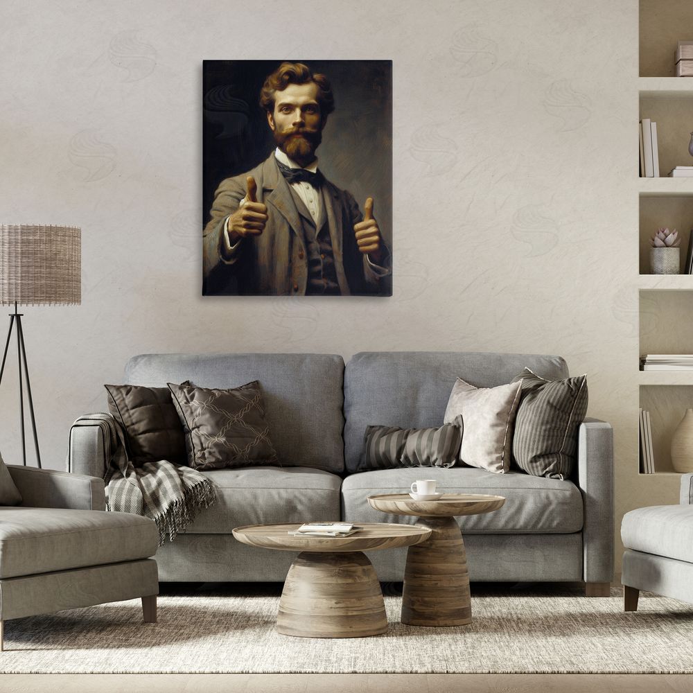 Lettered and Lined Funny Thumbs Up Gentleman Stretched Canvas Wall Art Print in Room