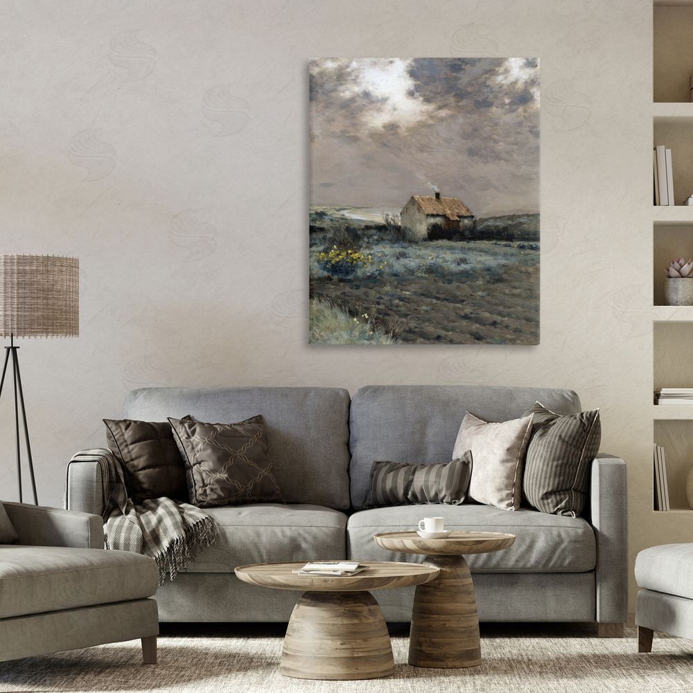 Lettered and Lined Cabin in Overcast Field Stretched Canvas Wall Art Print in Room