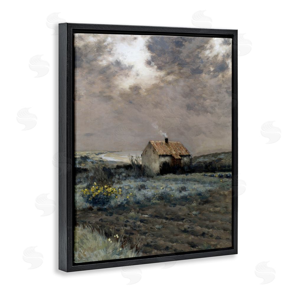 Lettered and Lined Cabin in Overcast Field Black Floating Frame Canvas Wall Art Print