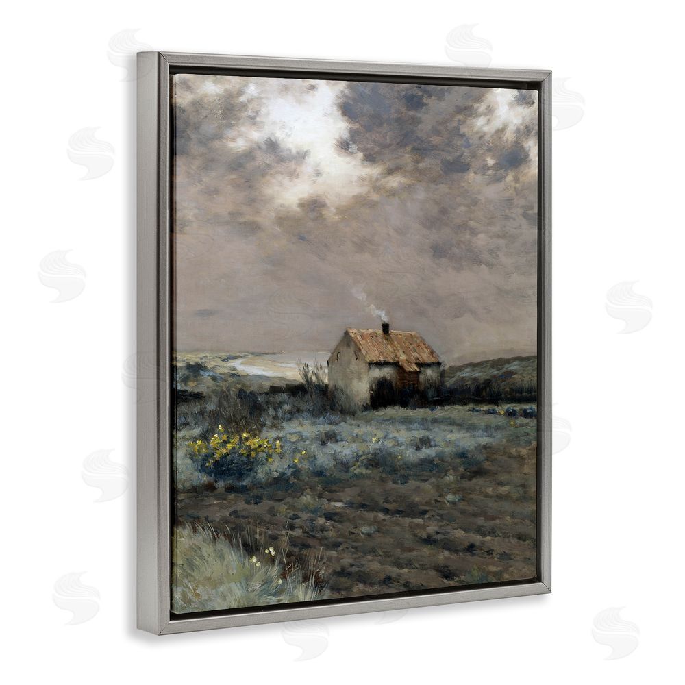 Lettered and Lined Cabin in Overcast Field Gray Floating Frame Canvas Wall Art Print