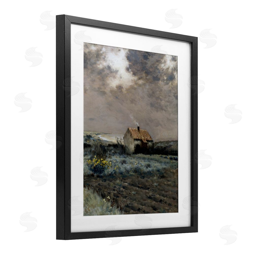 Lettered and Lined Cabin in Overcast Field Black Framed Print Under Glass Wall Art