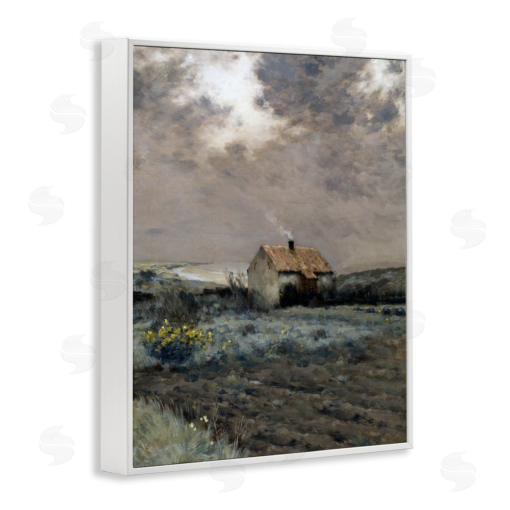 Lettered and Lined Cabin in Overcast Field White Framed Giclee Print Wall Art