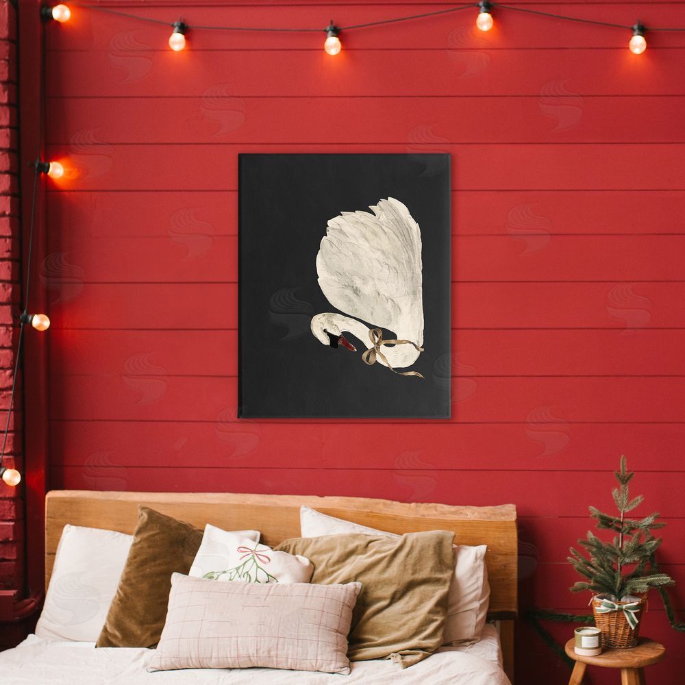 Lettered and Lined Festive Swan with Ribbon Canvas Art on Wall