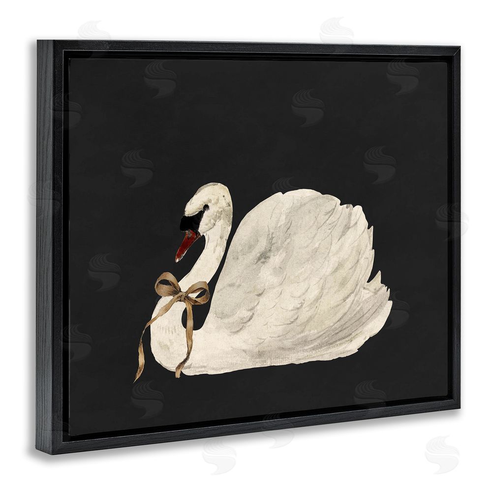 Lettered and Lined Festive Swan with Ribbon Black Floating Frame Canvas Wall Art Print