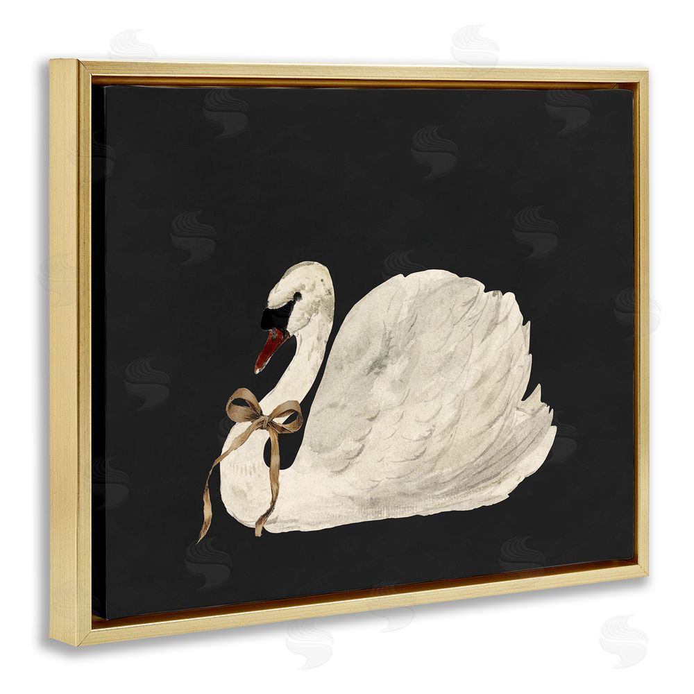Lettered and Lined Festive Swan with Ribbon Gold Floating Frame Canvas Wall Art Print