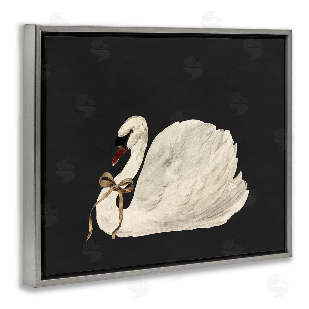 Lettered and Lined Festive Swan with Ribbon Gray Floating Frame Canvas Wall Art Print