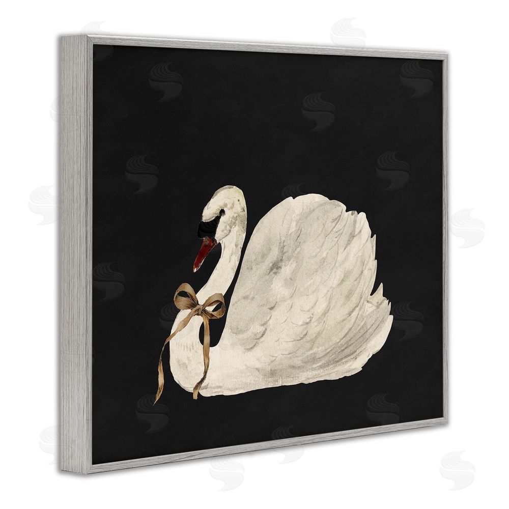 Lettered and Lined Festive Swan with Ribbon Gray Framed Giclee Wall Art Print
