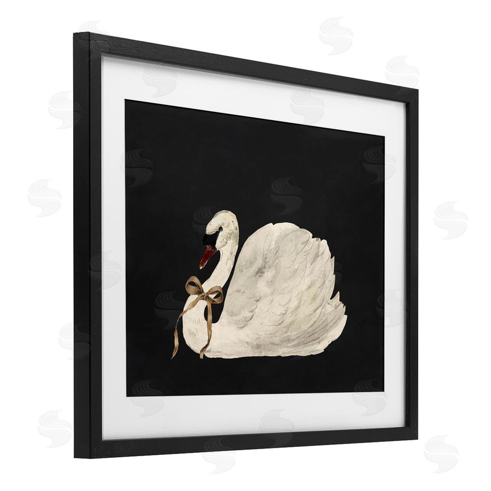 Lettered and Lined Festive Swan with Ribbon Black Framed Print Under Glass with White Mat Wall Art