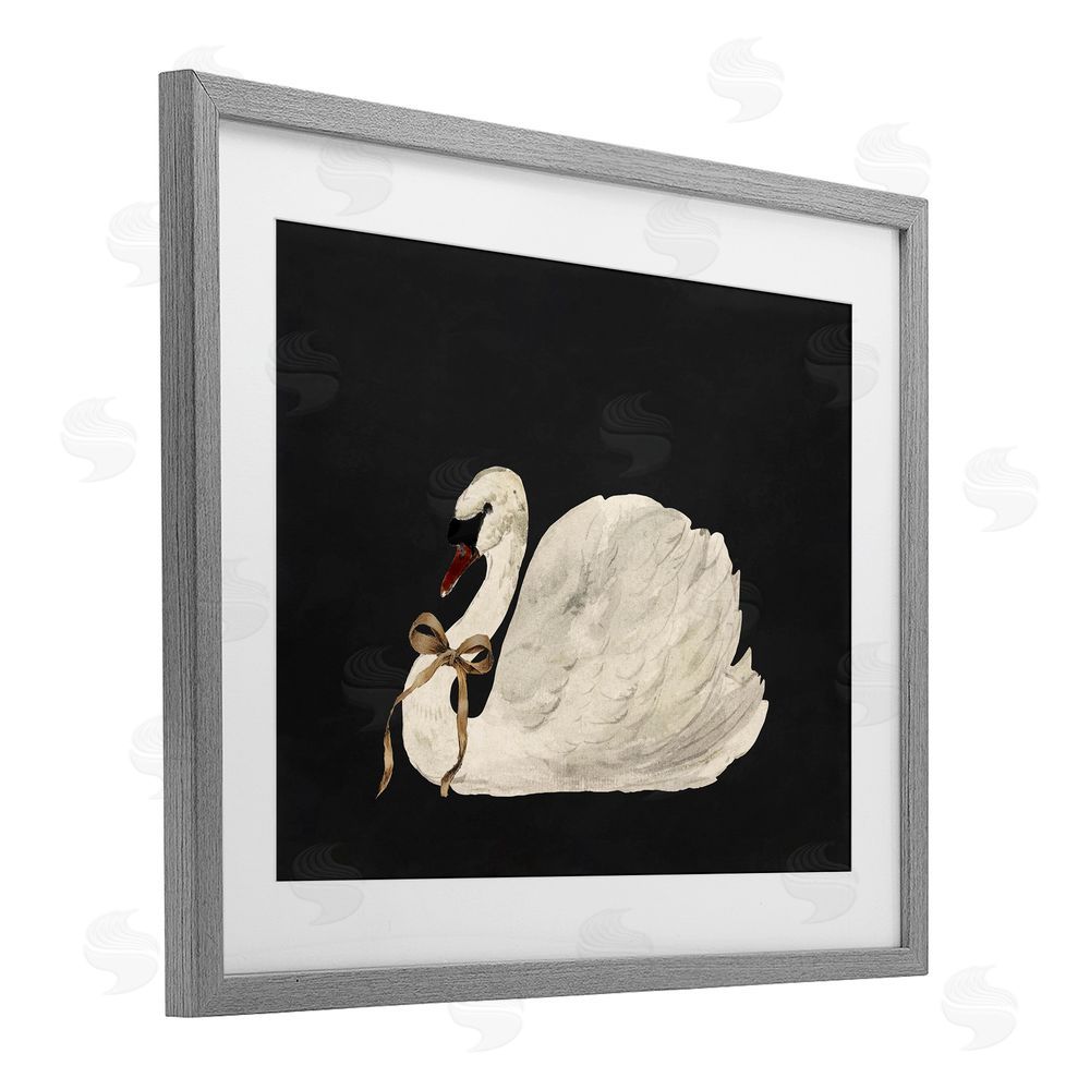 Lettered and Lined Festive Swan with Ribbon Gray Framed Print Under Glass with White Mat Wall Art