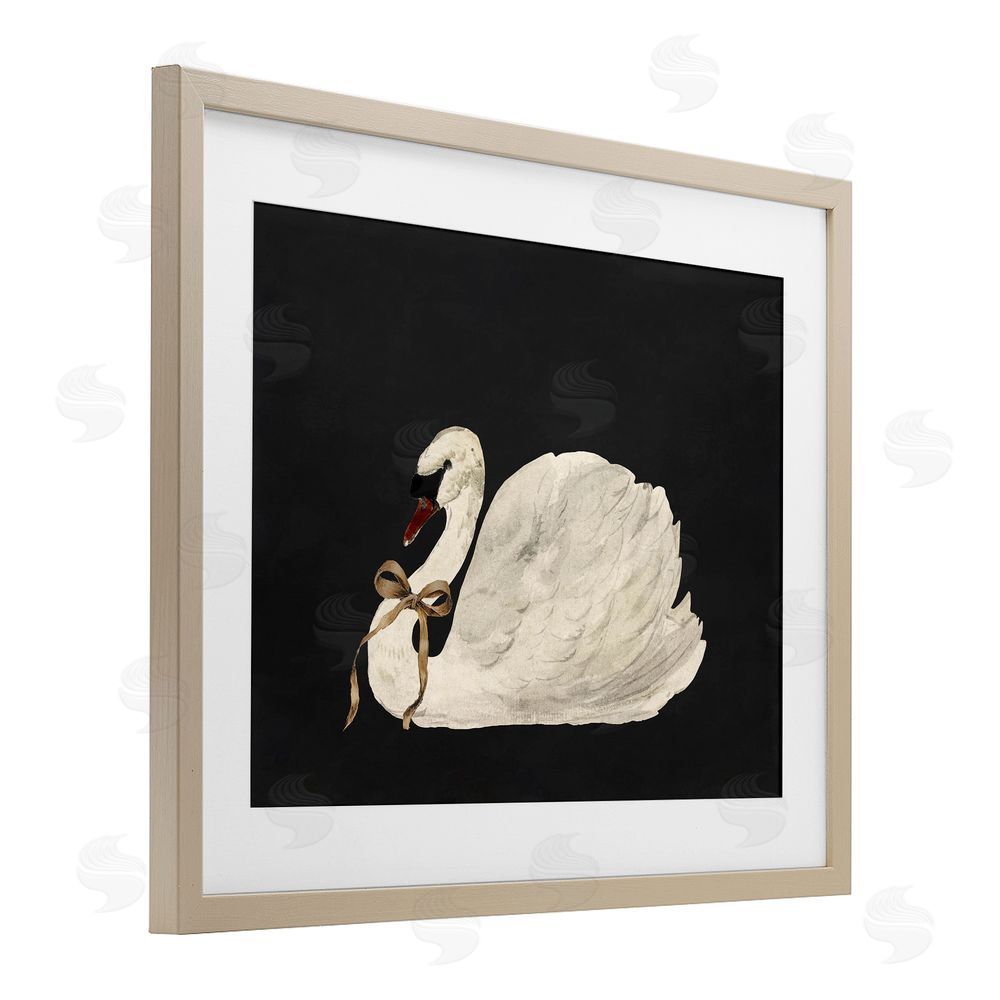 Lettered and Lined Festive Swan with Ribbon Birch Framed Print Under Glass with White Mat Wall Art