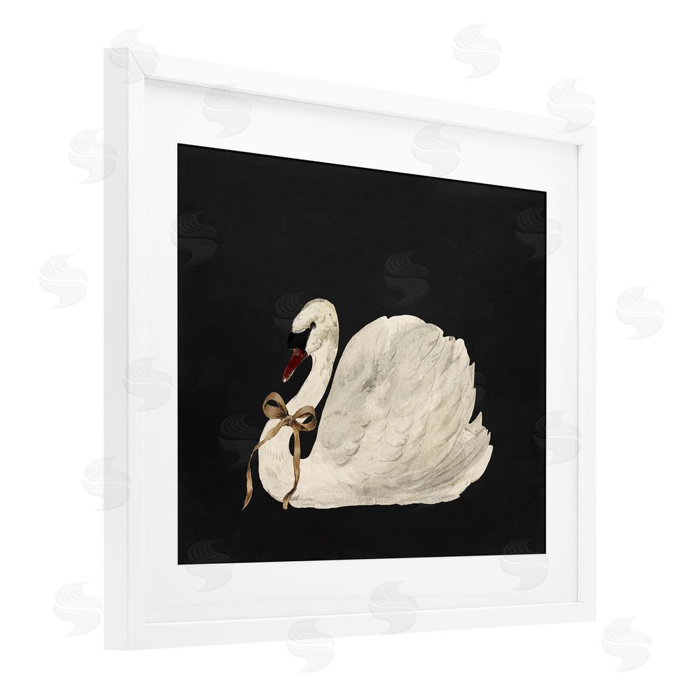 Lettered and Lined Festive Swan with Ribbon White Framed Print Under Glass with Mat Wall Art