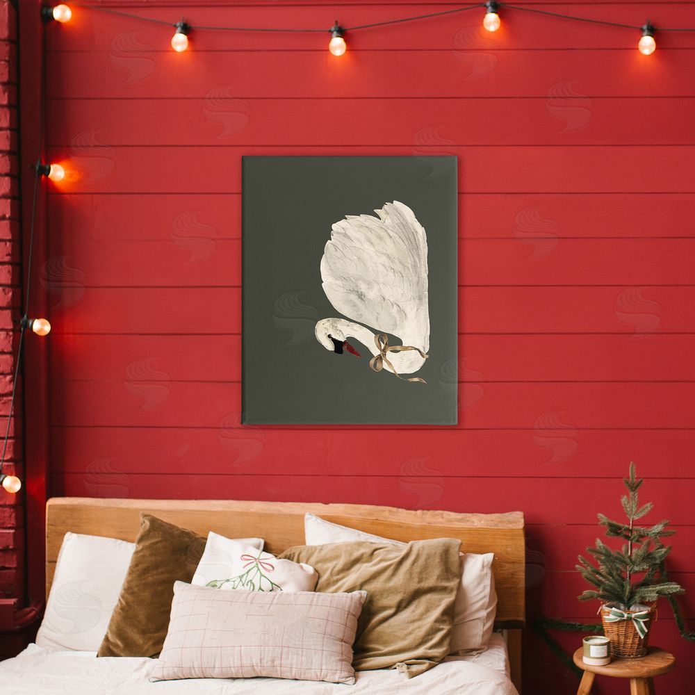 Lettered and Lined Holiday Swan with Ribbon Canvas Art on Wall