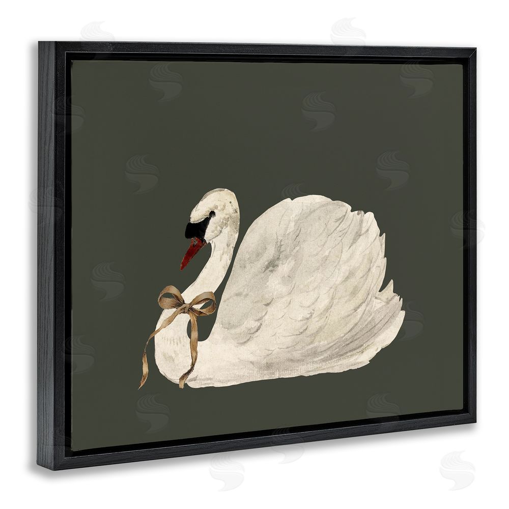 Lettered and Lined Holiday Swan with Ribbon Black Floating Frame Canvas Wall Art Print