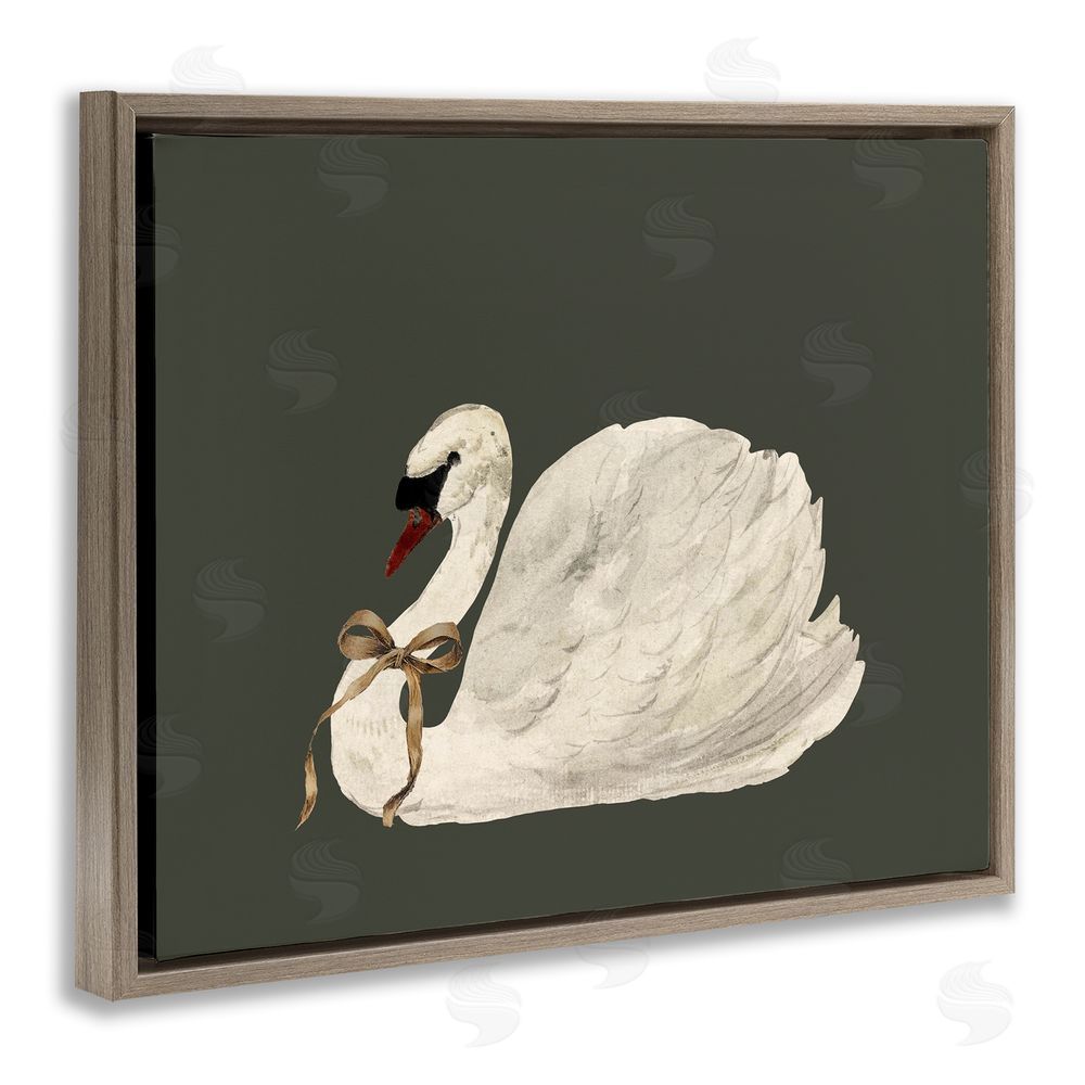 Lettered and Lined Holiday Swan with Ribbon Brown Floating Frame Canvas Wall Art Print