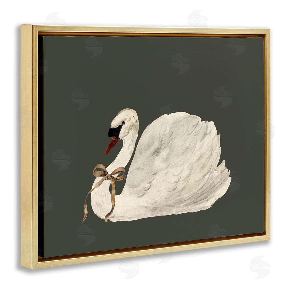Lettered and Lined Holiday Swan with Ribbon Gold Floating Frame Canvas Wall Art Print