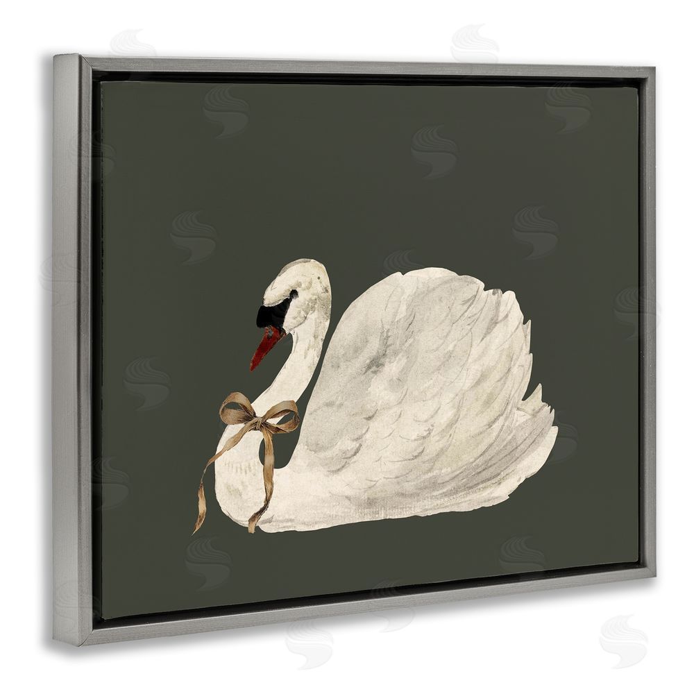Lettered and Lined Holiday Swan with Ribbon Gray Floating Frame Canvas Wall Art Print