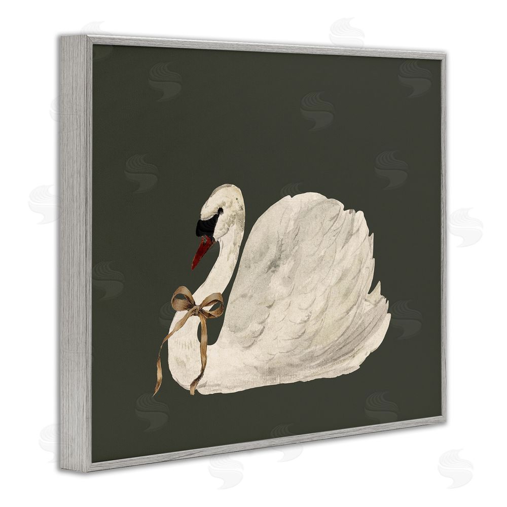 Lettered and Lined Holiday Swan with Ribbon Gray Framed Giclee Wall Art Print