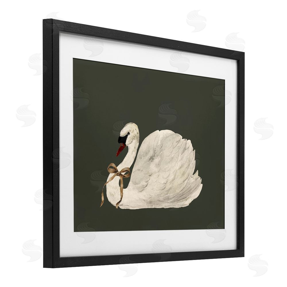 Lettered and Lined Holiday Swan with Ribbon Black Framed Print Under Glass with White Mat Wall Art