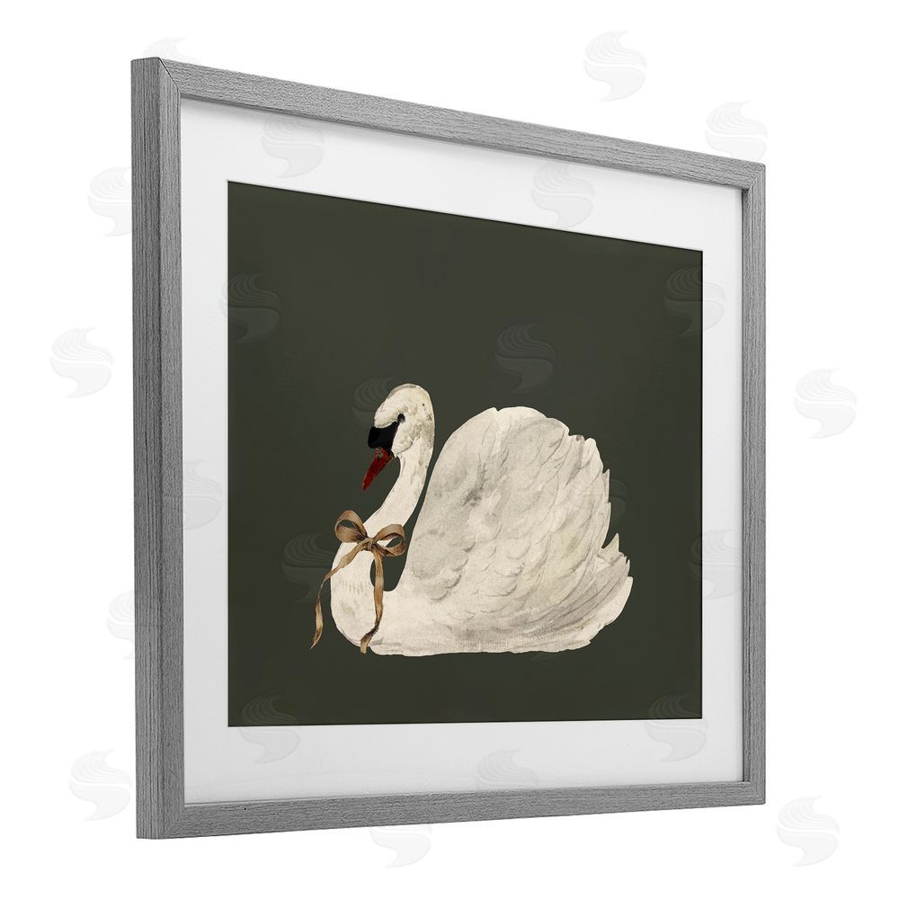 Lettered and Lined Holiday Swan with Ribbon Gray Framed Print Under Glass with White Mat Wall Art