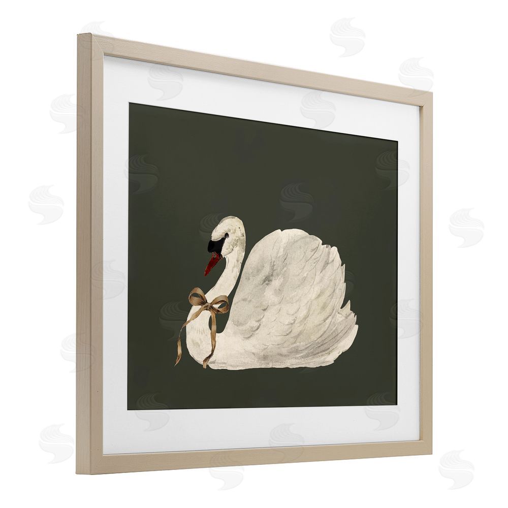 Lettered and Lined Holiday Swan with Ribbon Birch Framed Print Under Glass with White Mat Wall Art