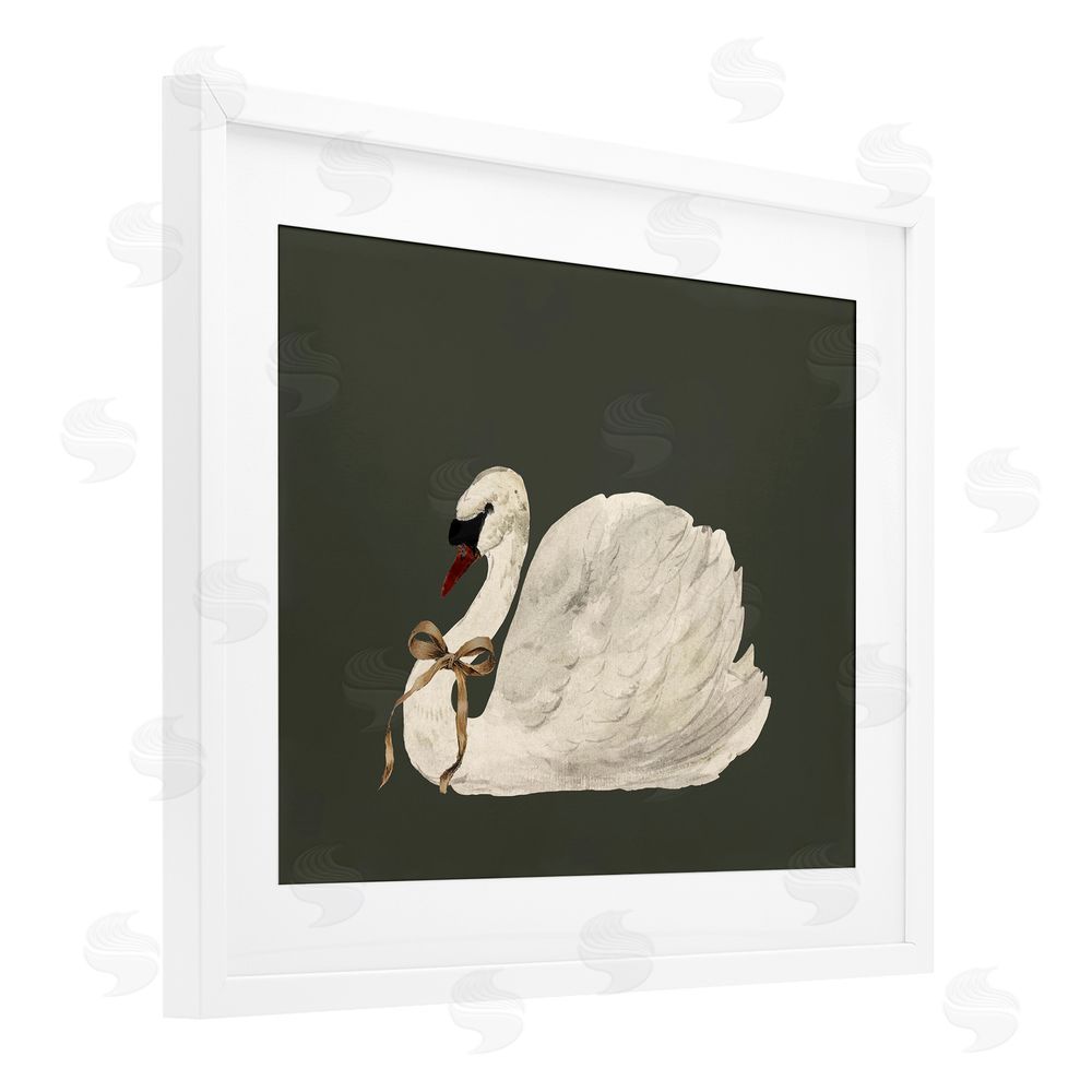 Lettered and Lined Holiday Swan with Ribbon White Framed Print Under Glass with Mat Wall Art