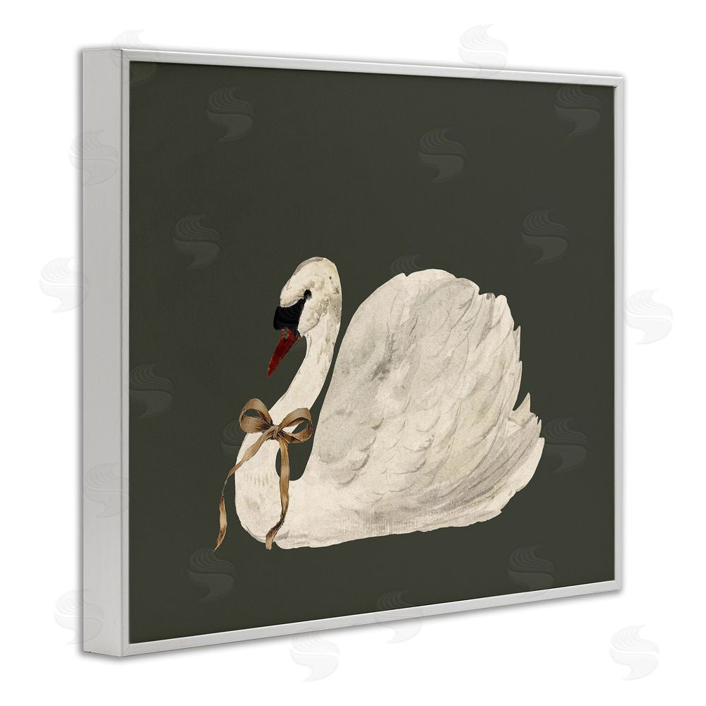Lettered and Lined Holiday Swan with Ribbon White Framed Giclee Wall Art Print